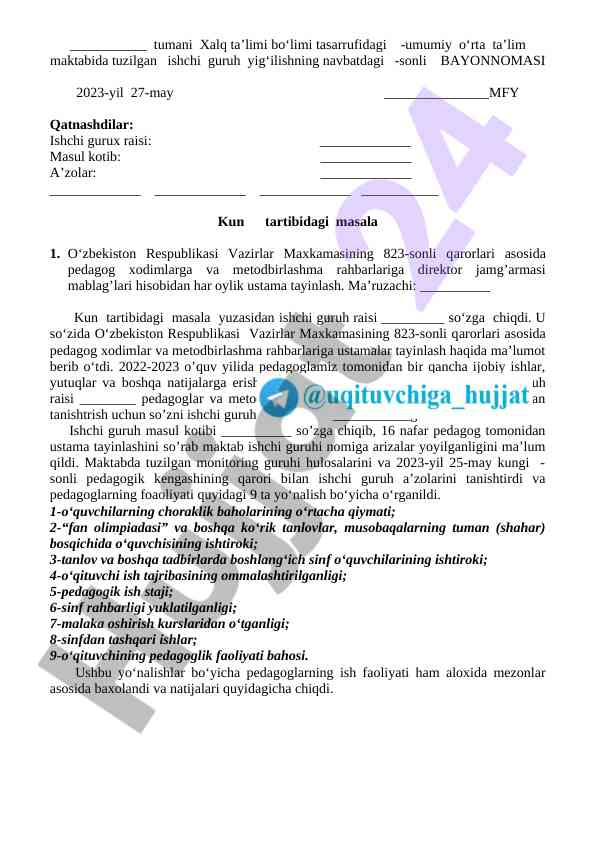 O‘zbekiston respublikasi ta’limida ustamalar tayinlash