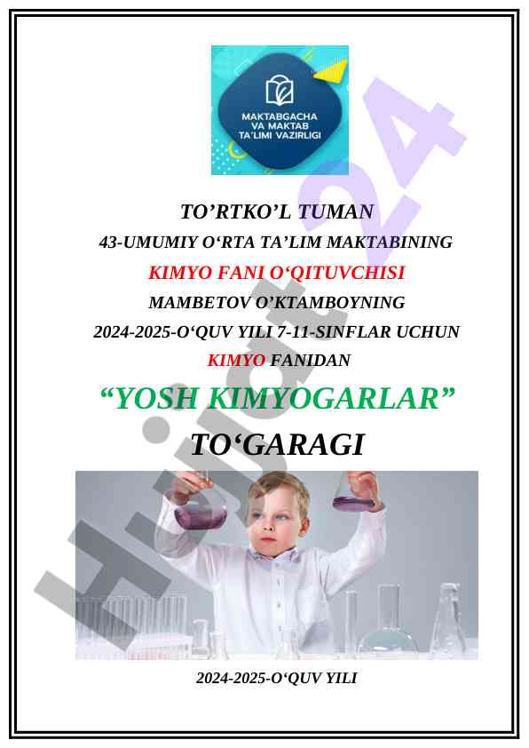 Yosh kimyogarlar to‘garagi ish rejasi 2024-2025