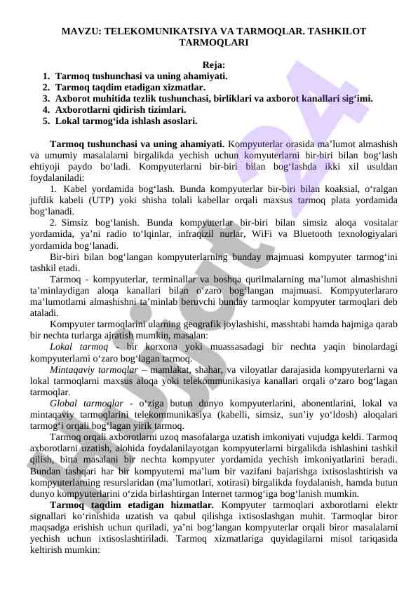 Telekommunikatsiya va tarmoqlar tushuncha va xizmatlar