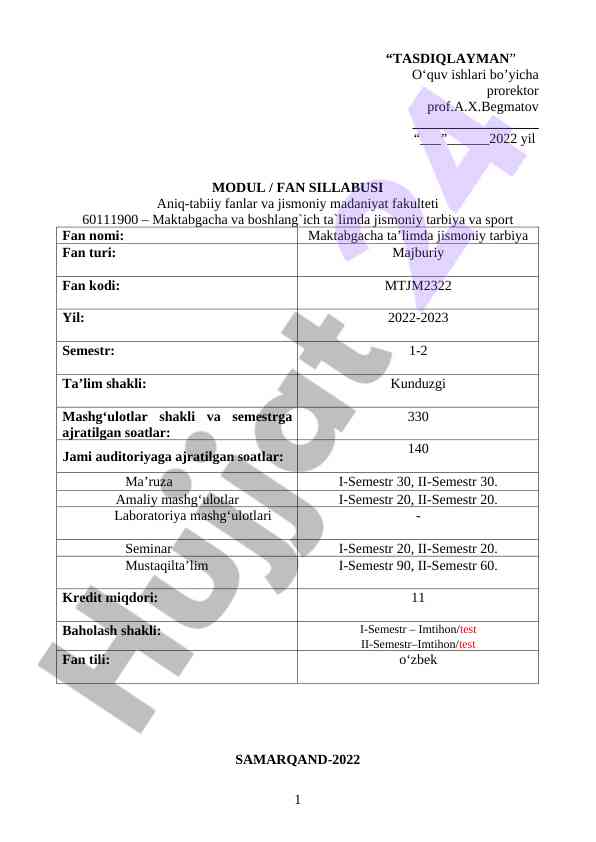 Maktabgacha ta'limda jismoniy tarbiya fan sillabusi