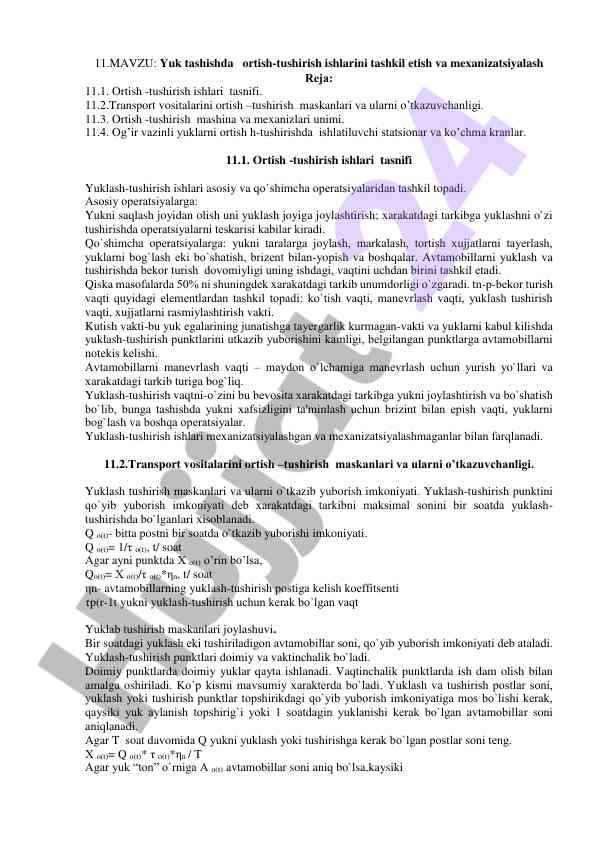 Yuk tashishda ortish-tushirish ishlarini tashkil etish