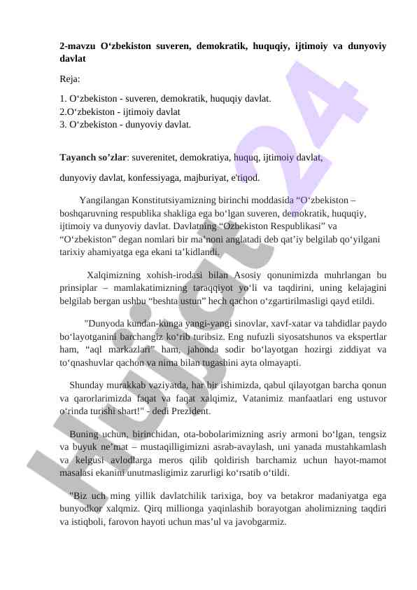 O‘zbekistonning suveren, demokratik davlati