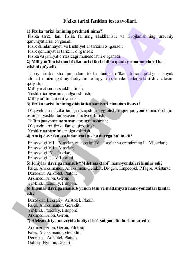 Fizika tarixi fanidan test savollari