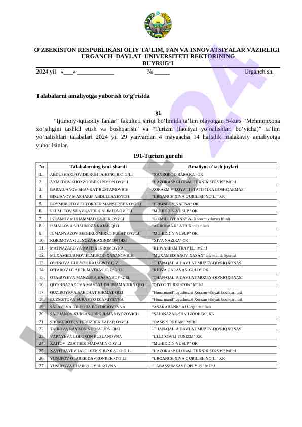 Amaliyotga yuborish buyrug‘i 2024