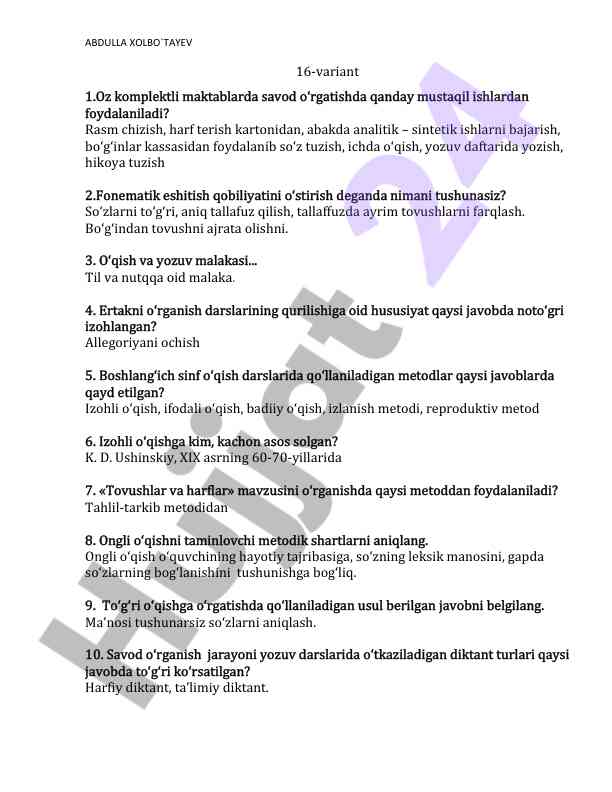 Savod o‘rgatishda mustaqil ishlar metodlari