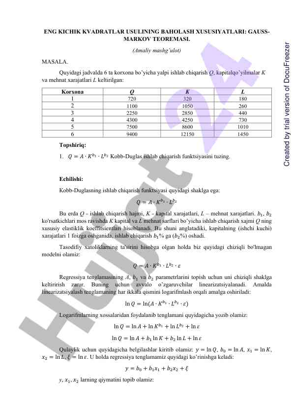 Kichik kvadratlar usulining baholash xususiyatlari