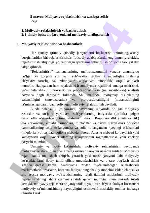 Moliyaviy rejalashtirish va tartibga solish