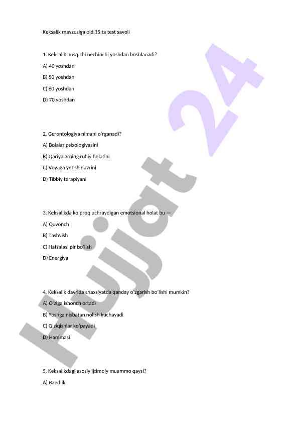 Keksalik mavzusidagi 15 ta test savoli