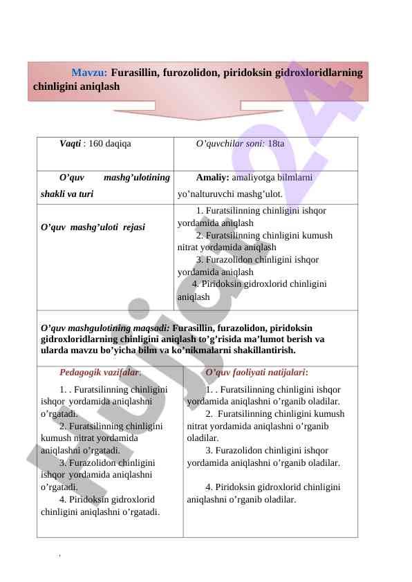 Furatsilin va furazolidon idorasi o‘quv mashg‘uloti