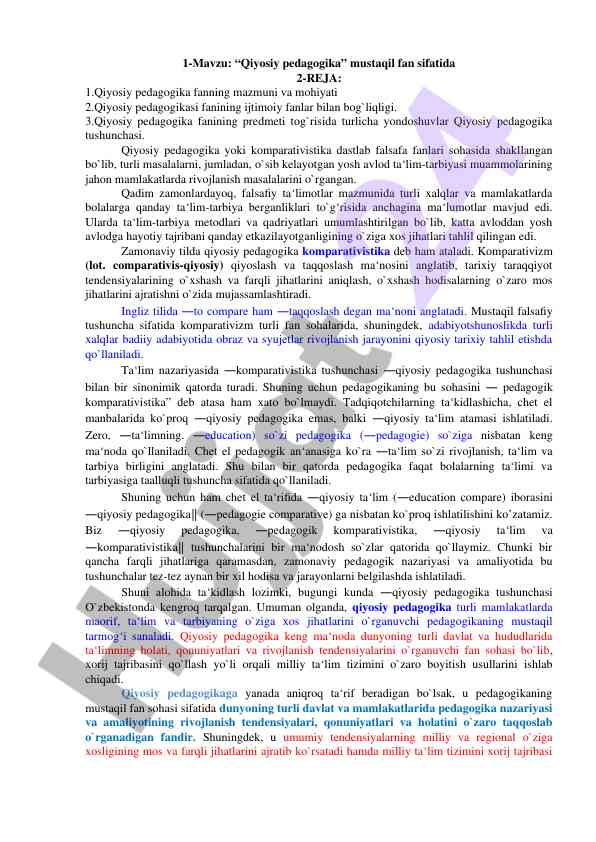 Qiyosiy pedagogika fanining o‘rni va ahamiyati