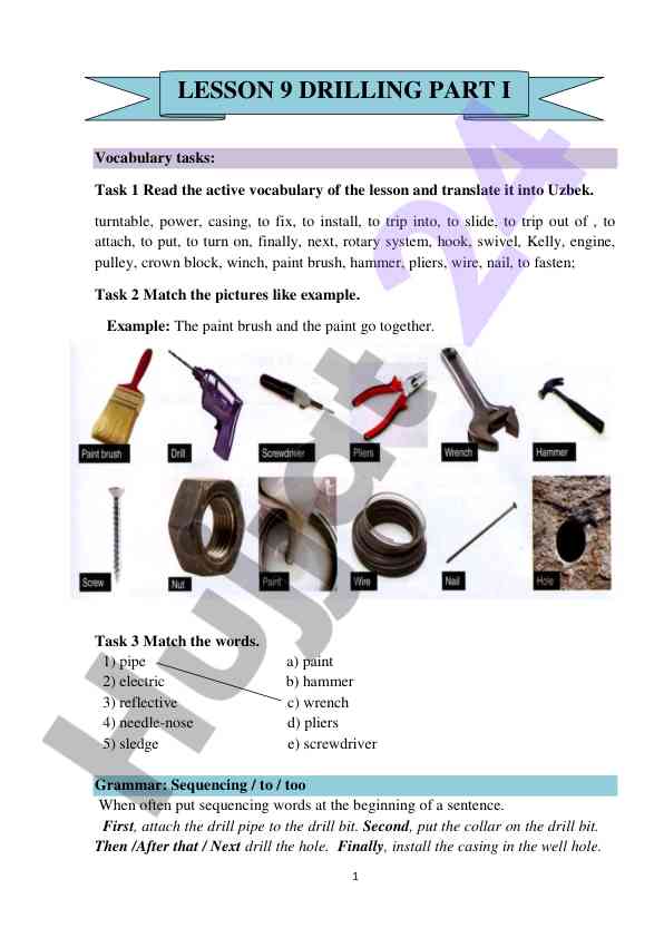Vocabulary tasks and grammar for drilling lesson