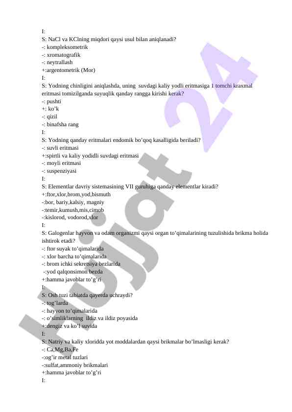 Yod va galogenlar haqida test savollari