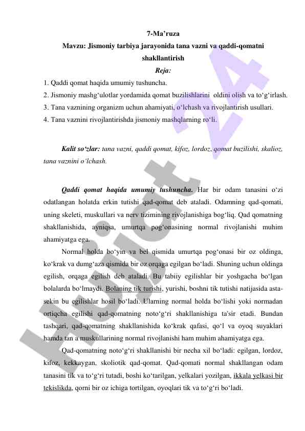 Jismoniy tarbiya jarayonida tana vazni va qaddi-qomat