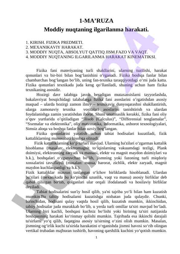 Moddiy nuqtaning ilgarilanma harakati va kinematikasi