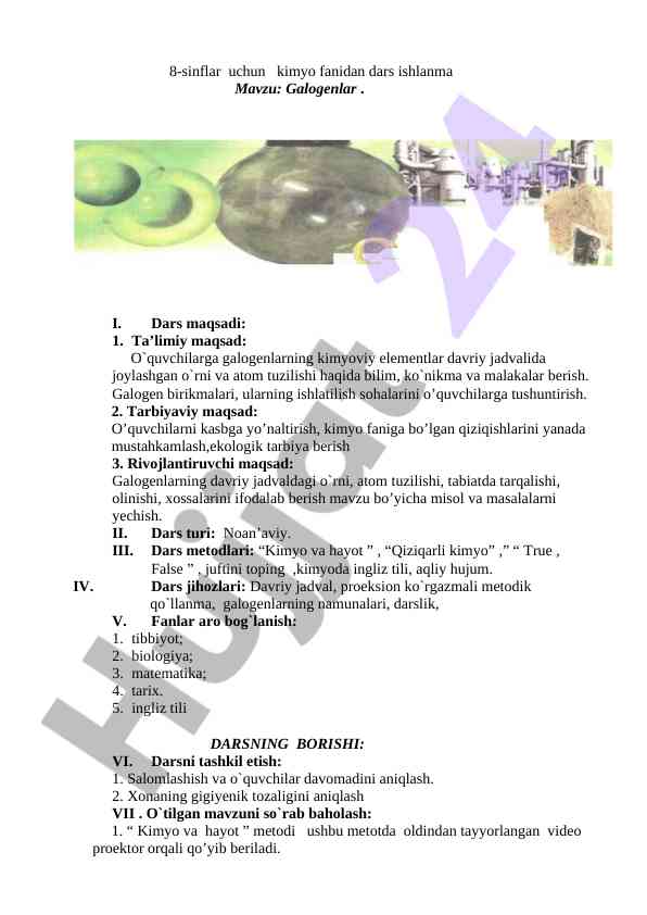 8-sinflar uchun kimyo fanidan dars ishlanma