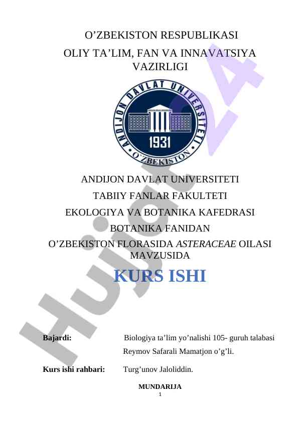 O‘zbekiston florasida asteraceae oilasi kurs ishlari