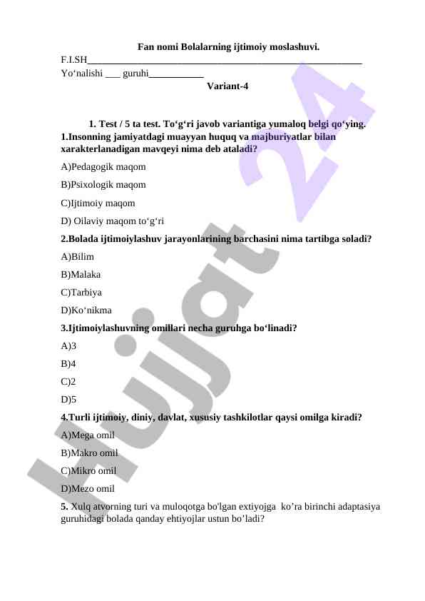 Bolalarning ijtimoiy moslashuvi testlari