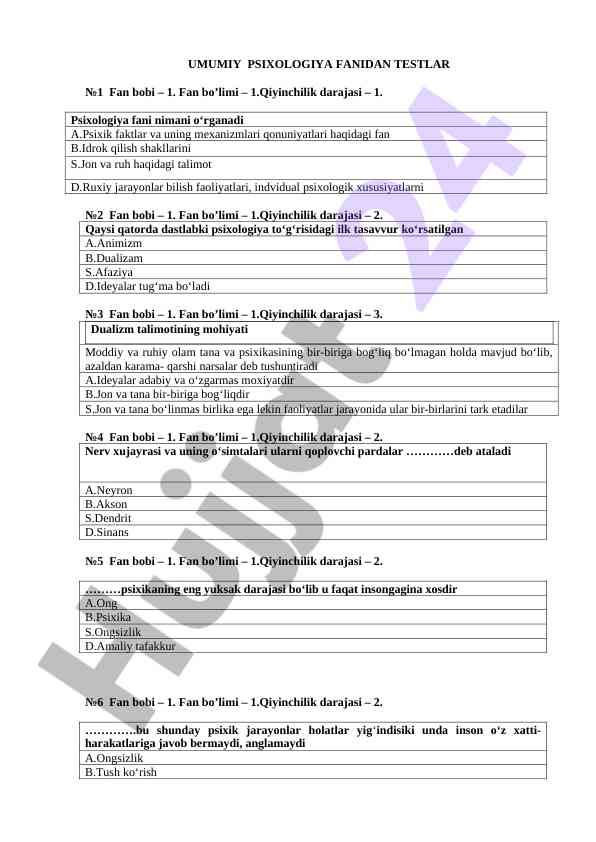 Umumiy psixologiya fanidan testlar №1