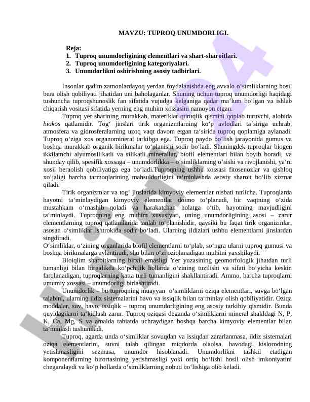 Tuproq unumdorligi va asosiy tadbirlar