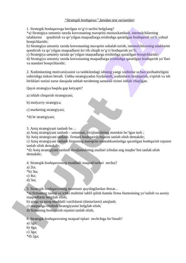 Strategik boshqaruv fanidan test variantlari
