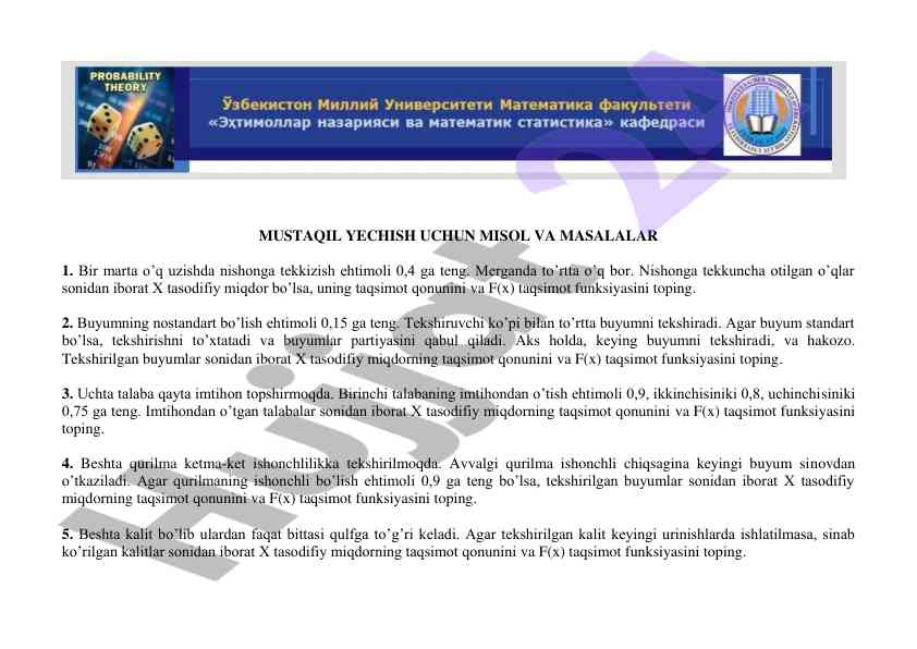 Tasodifiy miqdorlar taqsimoti masalalari va misollar