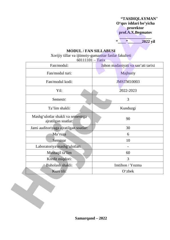 Jahon madaniyati va san’ati tarixi fanidan baholash