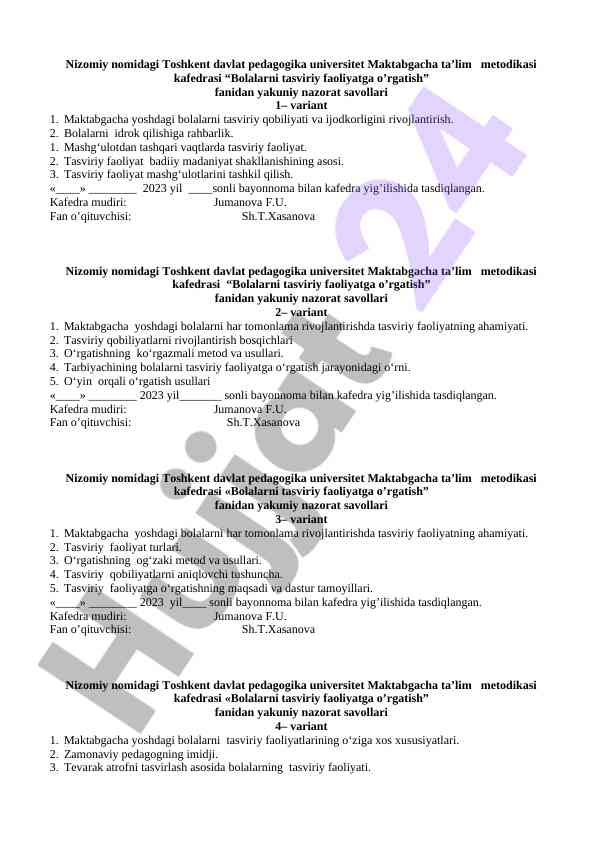 Maktabgacha ta’limda tasviriy faoliyatga o’rgatish