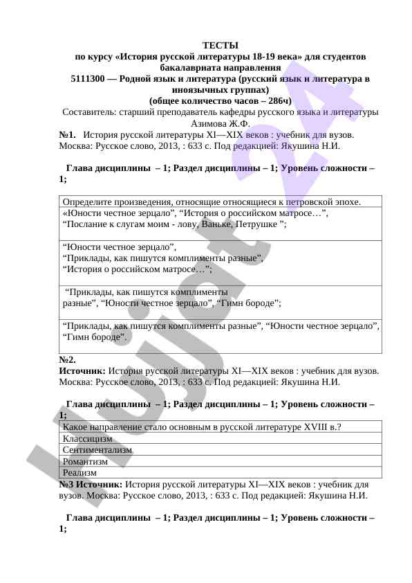 Тесты по истории русской литературы 18-19 веков