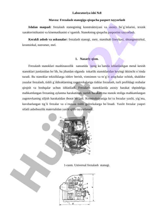 Frezalash Stanogiga Qisqacha Pasport Tayyorlash