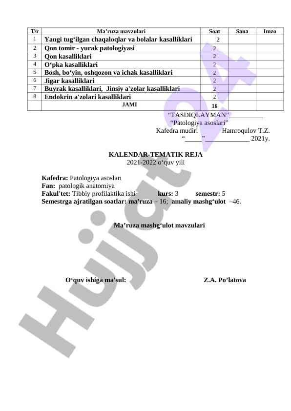 Patologiya asoslari kalendar-tematika reja