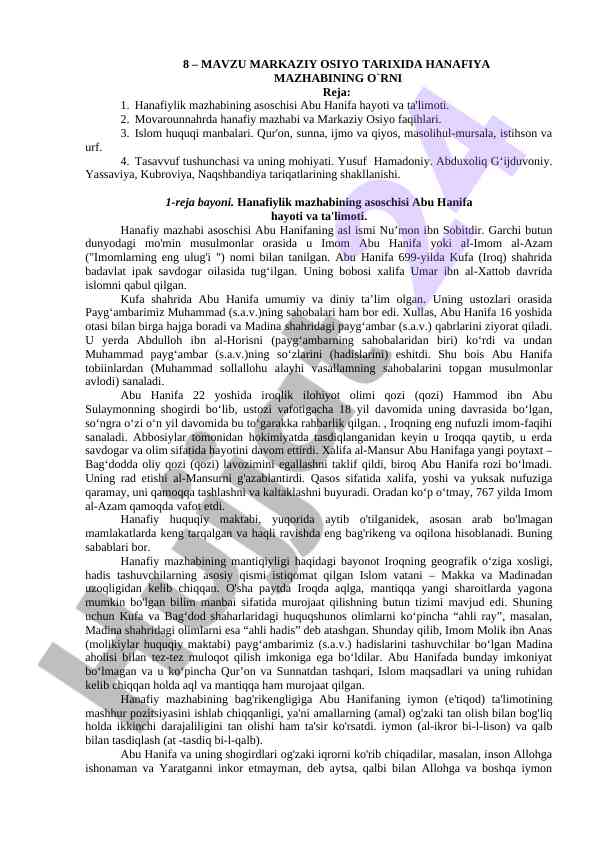 Hanafiy mazhabining o'rni markaziy osiyo tarixida