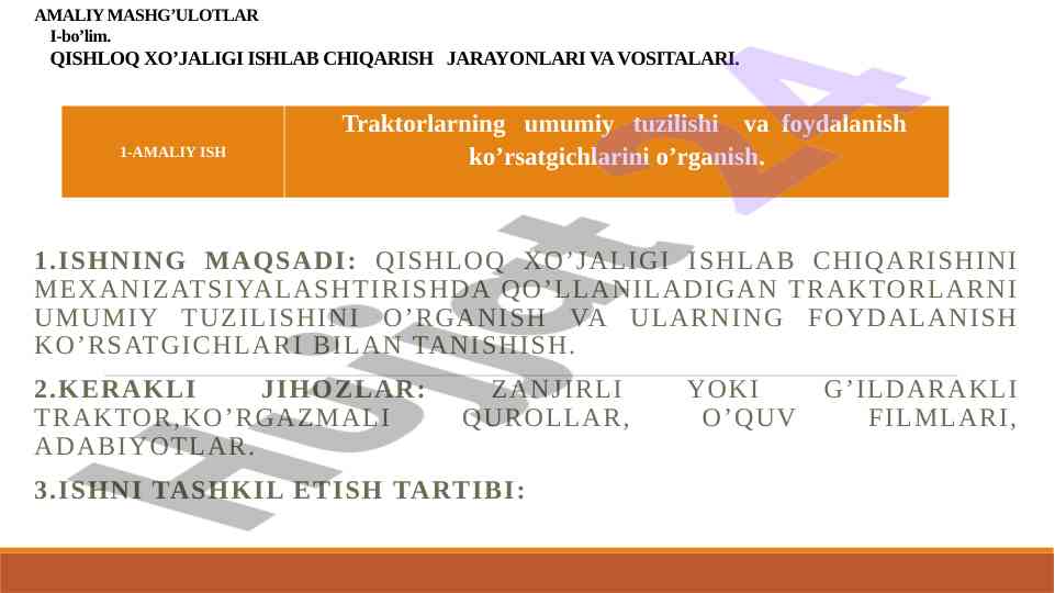 Qishloq xo'jaligi traktorlarini o'rganish