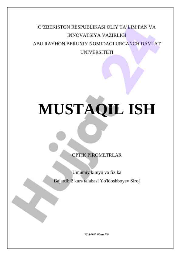 OPTIK PIROMETRLAR HAQIDA MUSTAQIL ISH