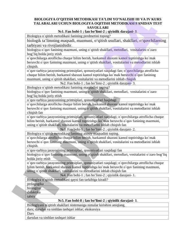 Biologiya o'qitish metodikasi test savollari