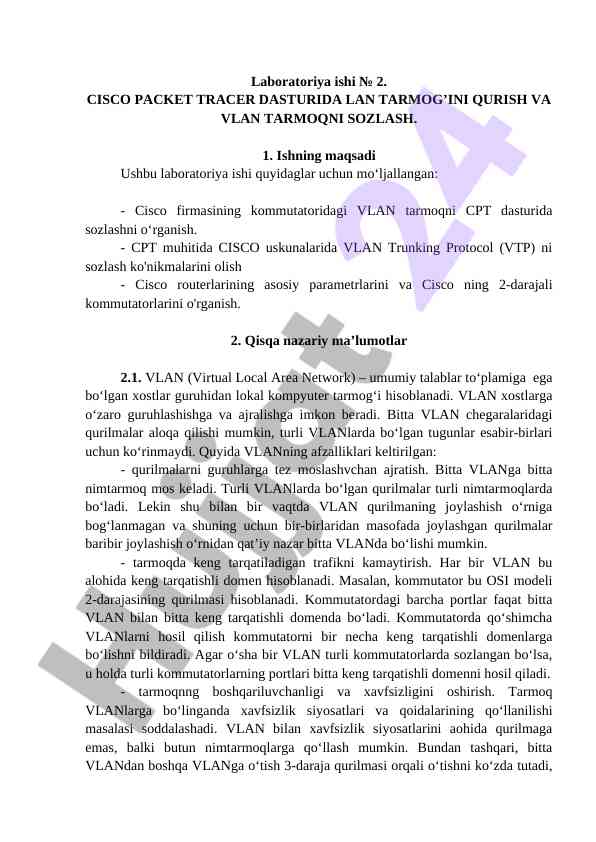 Cisco packet tracer dasturida lan tarmog'ini qurish
