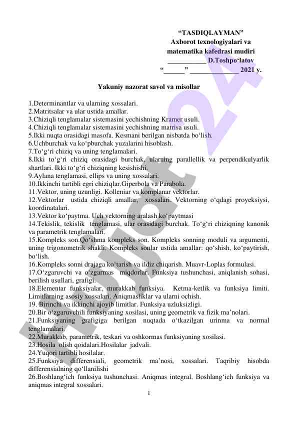 Matematika kursi yakuniy nazorat savollari
