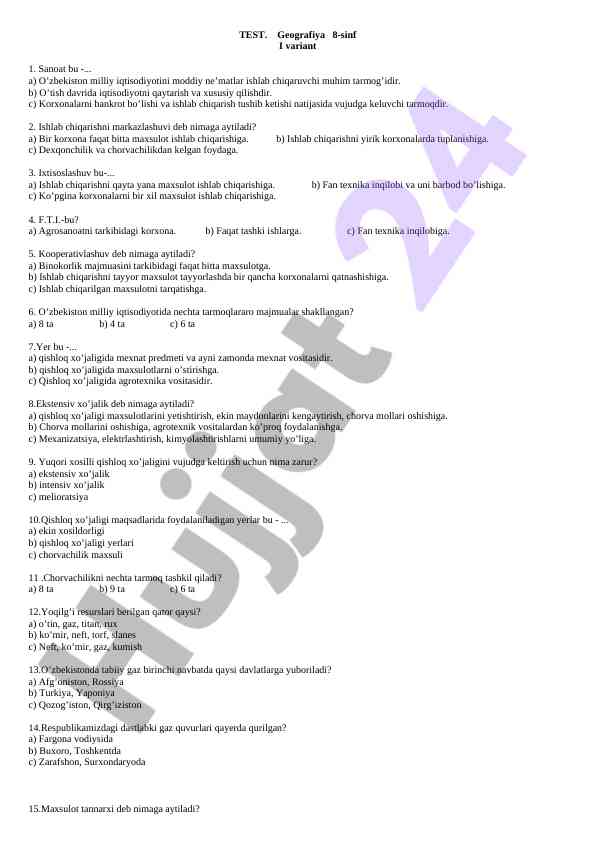 Geografiya 8-sinf savollari va javoblari