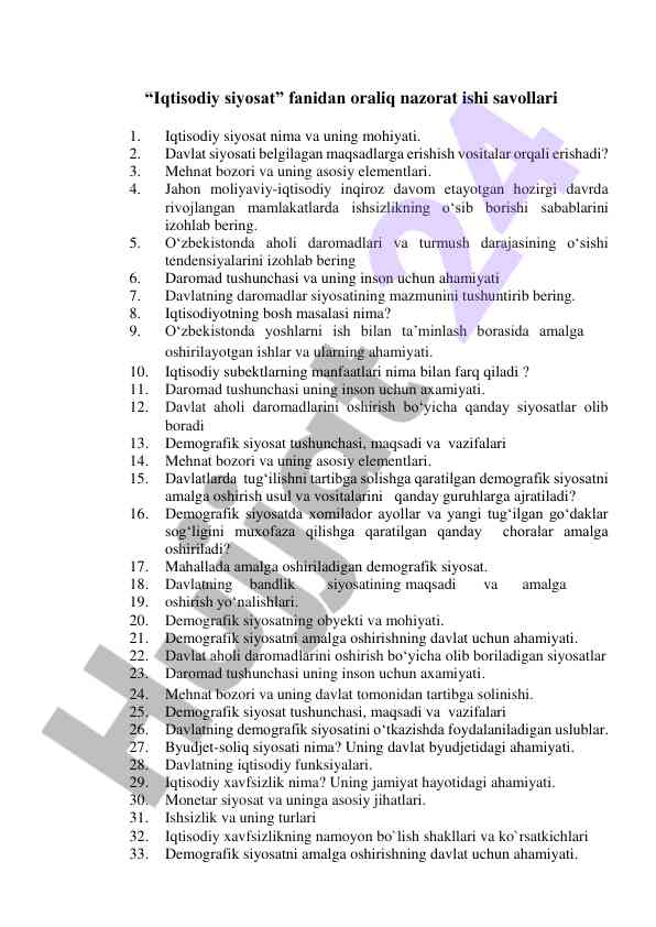 Iqtisodiy siyosat oraliq nazorat ishining savollari