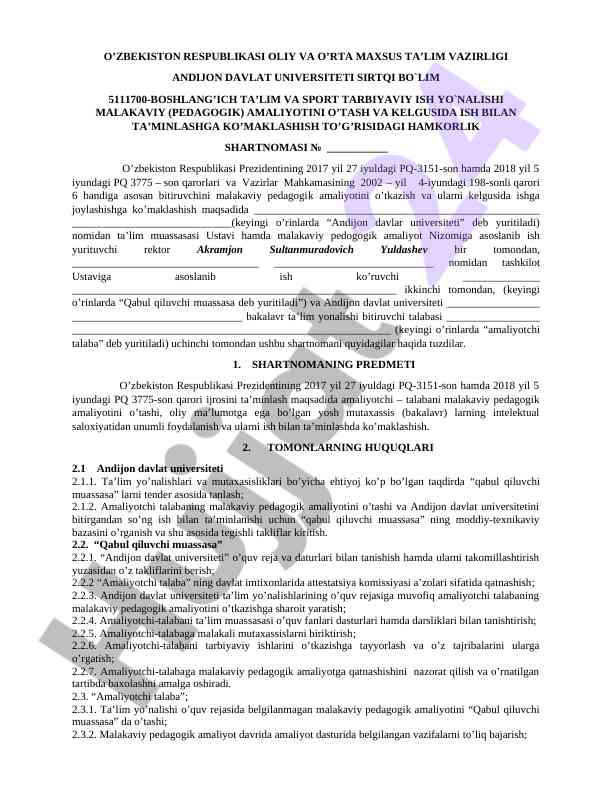 Hamkorlik shartnomasi o‘quv amaliyoti uchun