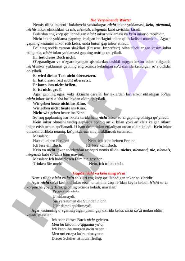 Nemis tilida inkorni ifodalovchi vositalar