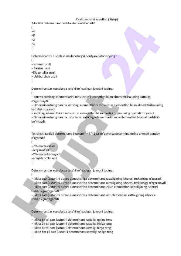 Oraliq nazorat savollari bo'yicha testlar