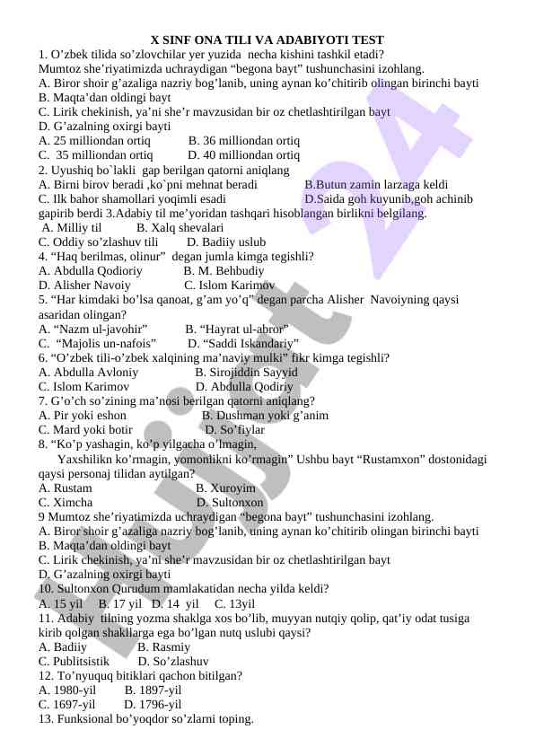 X sinf ona tili va adabiyoti test