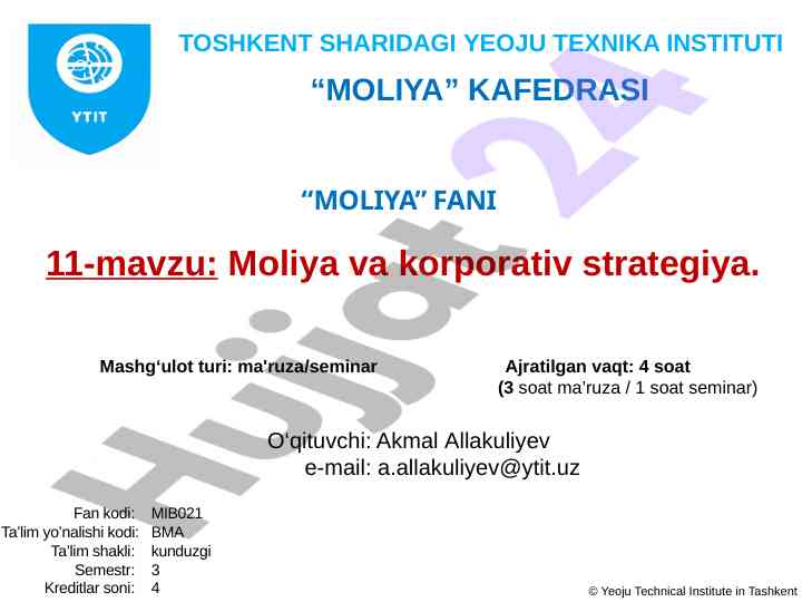 Moliya va korporativ strategiya mavzusi