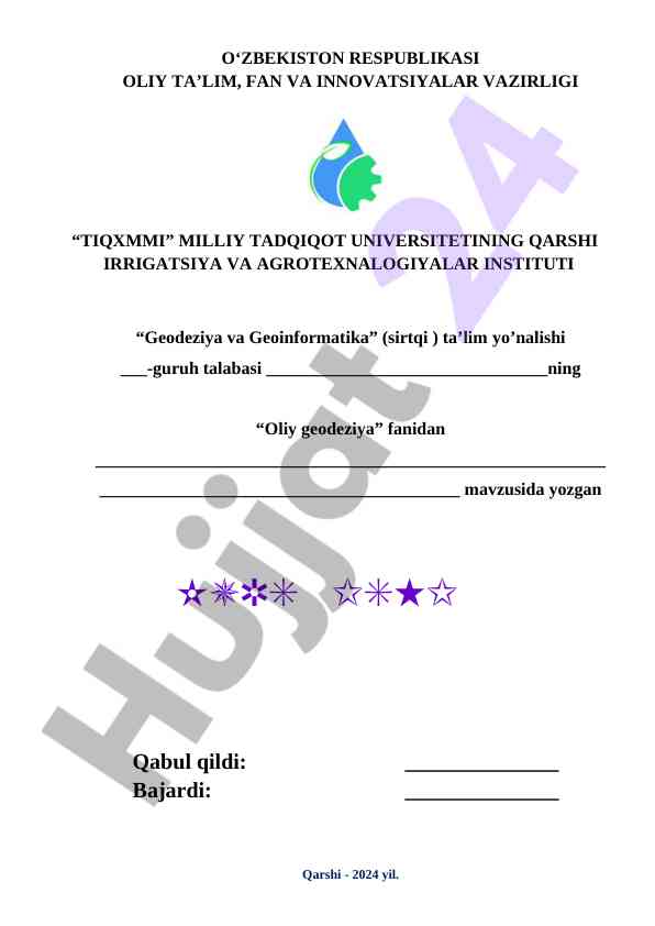 Oliy geodeziya ta'lim yo'nalishi kurs ishlari