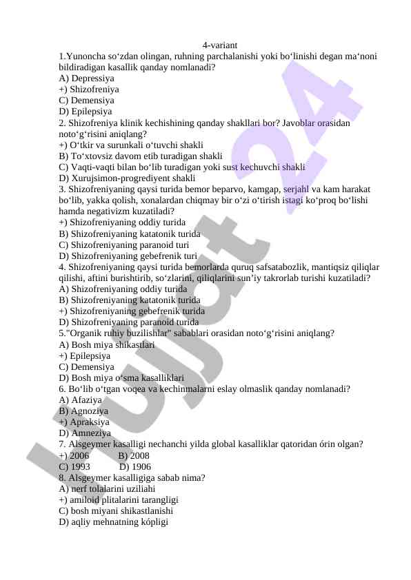 Shizofreniya kasalligi bo‘yicha test savollari