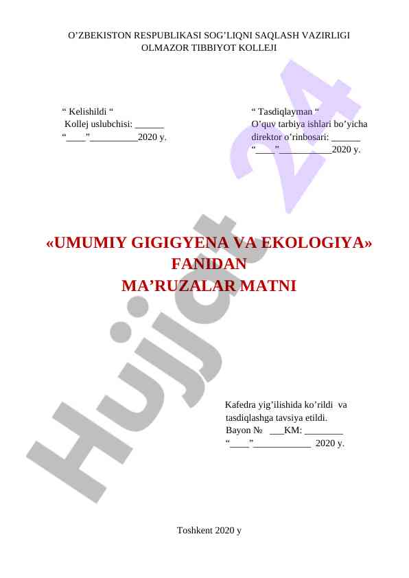 Umumiy gigiyena va ekologiya fanidan ma'ruzalar matni