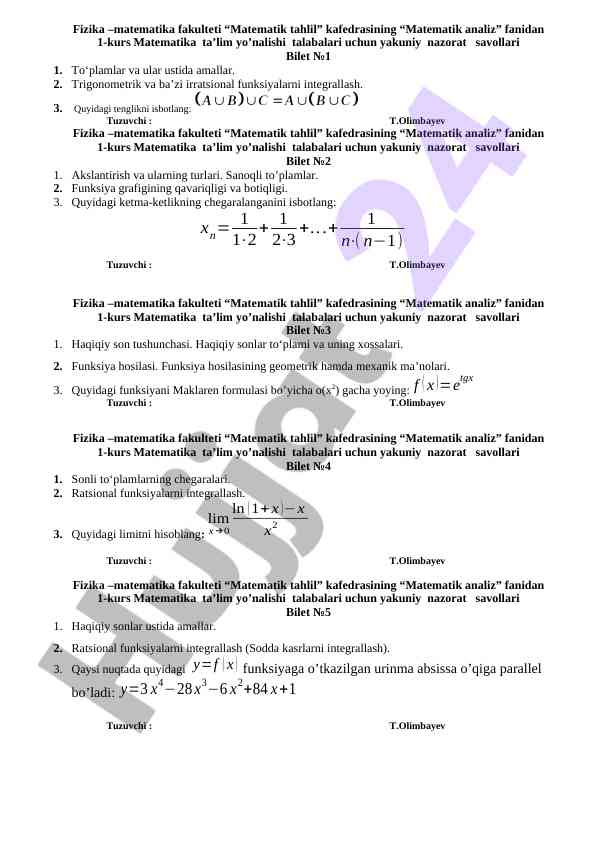 Matematik tahlil fanidan yakuniy nazorat savollari
