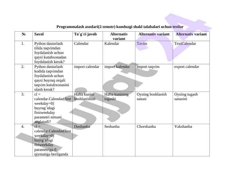 Programmalash asoslari testlar 2-semestr