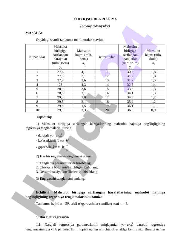 Chiziqsiz regressiya masalalari va yechimlari