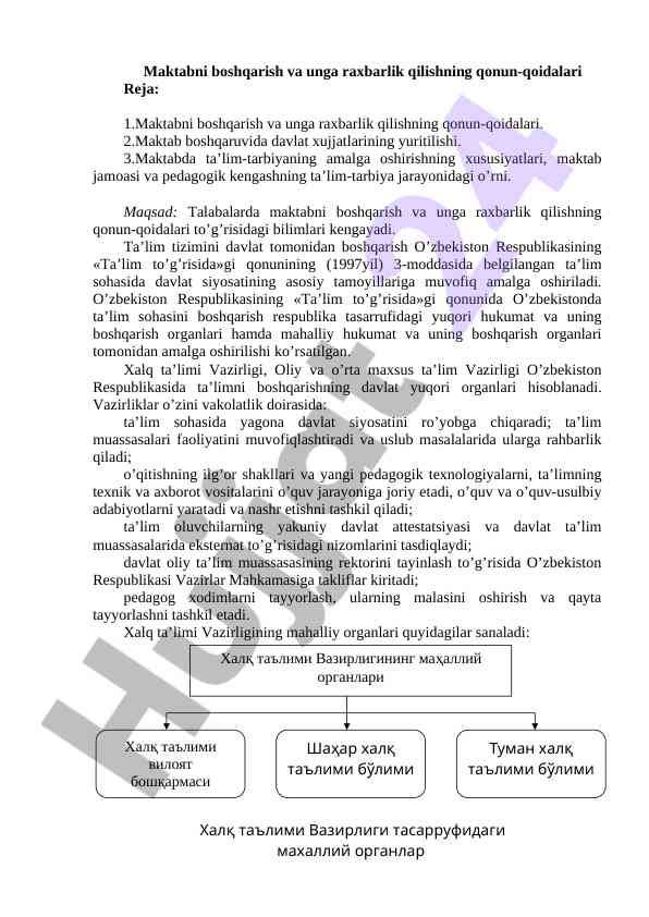 Maktabni boshqarish qonun-qoidalari va raxbarlik